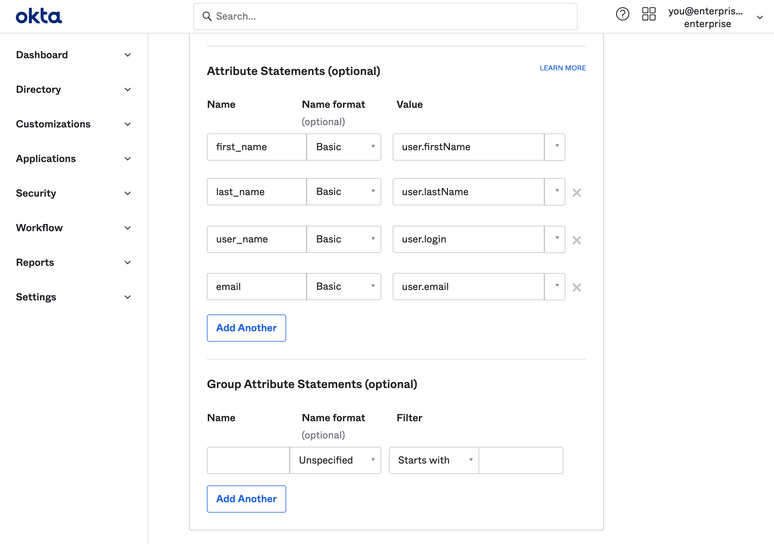 Okta dashboard: Attribute Statements configuration
screen